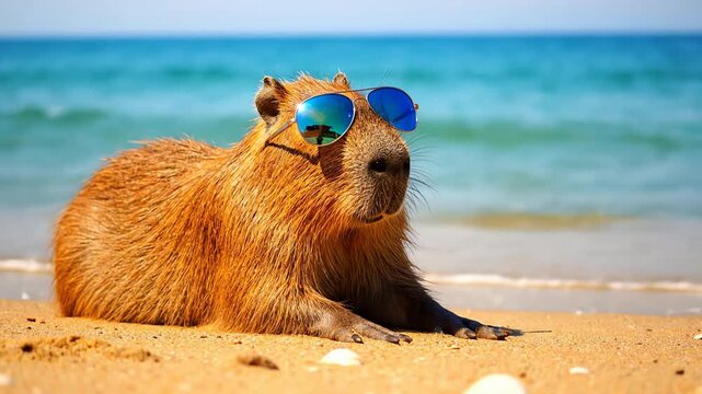 Cool capybara in blue sunglasses chills on a tropical sandy beach during summer vacation