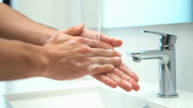 A man meticulously washing his hands with a bar of soap under a running water tap for hygiene and cleanliness.