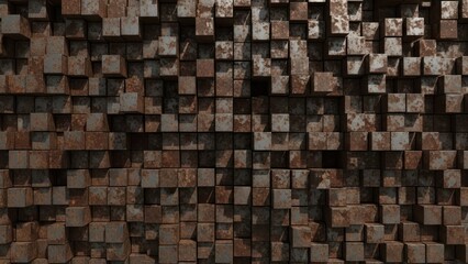 Distorted, rusted, cubed wall; brown & grey texture, rough surface