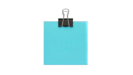 Blue Sticky Note Held by a Binder Clip on White Background