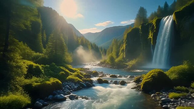Hyper-realistic cinematic drone shot of a serene mountain landscape with a flowing river, lush green forests, and a majestic waterfall under sunbeams.