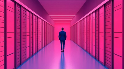 Businessman walking in futuristic data center corridor with neon pink lighting, symbolizing cybersecurity, cloud computing, and technology infrastructure