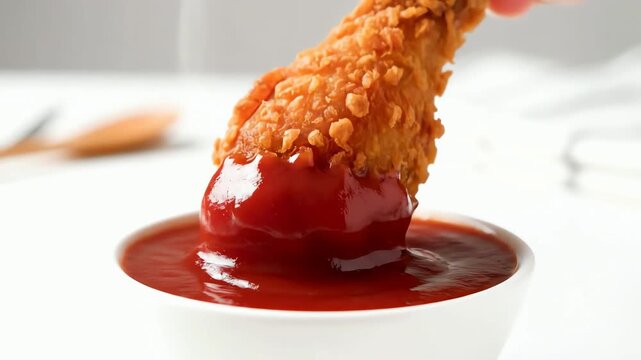 A deliciously crispy fried chicken drumstick is slowly dipped into a bowl of red tomato ketchup in a close up shot with sound.