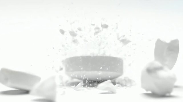 Dramatic slow motion close up of a white pill exploding into fragments and dust on a white background