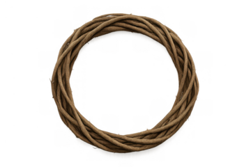 Rustic woven vine wreath creating a natural frame, circular decorative element with a transparent background