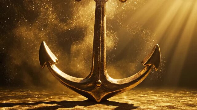 Bronze nautical anchor suspended partially submerged underwater with sunbeams