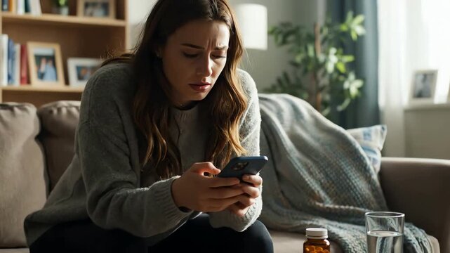 A Concerned and Stressed Young Woman Looks Up Medical Information on Her Smartphone at Home