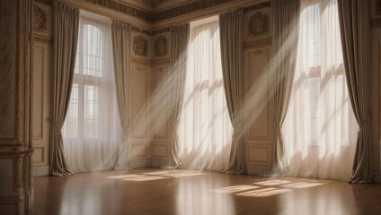 Sunlit Elegance - A Grand Room with Sheer Curtains and Golden Light.