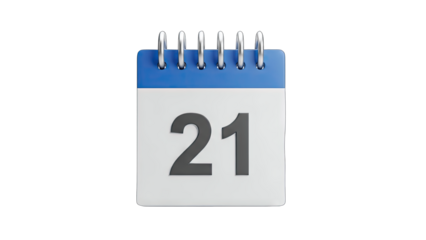 Calendar Showing Date 21 Isolated on White Background