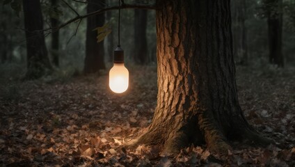 Illuminated Bulb in Forest - A Beacon of Hope and Innovation.