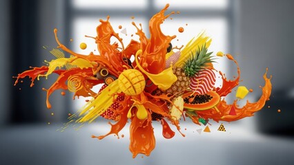 Fruits and juice burst dynamically with abstract shapes against blurred backdrop