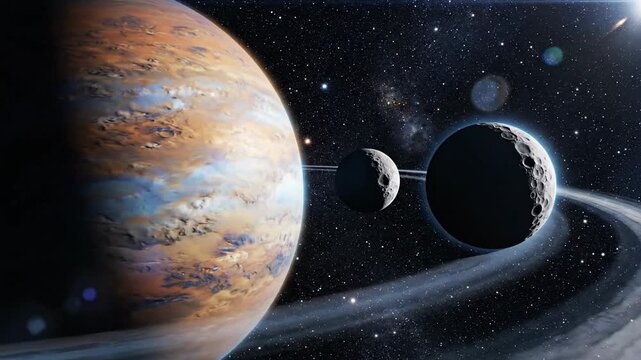 Vast cosmic ballet featuring a ringed planet and moons orbiting through a star-filled galaxy.