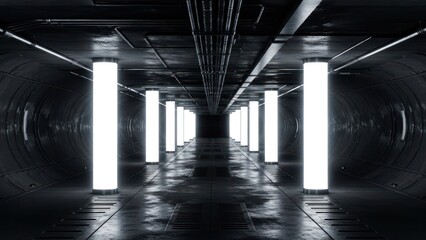 Futuristic hallway with luminous pillars and dark metallic surfaces, centered view