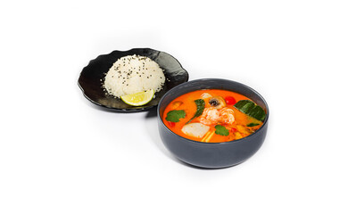 Spicy Thai Tom Yum Soup with Shrimp, Mushrooms, and Steamed Rice