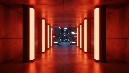 Futuristic red-lit tunnel with repeating geometric patterns and concrete walls
