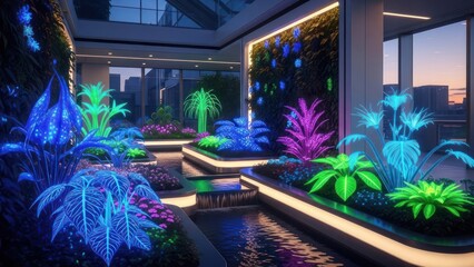 Futuristic indoor garden, neon-lit plants, water feature, urban cityscape backdrop