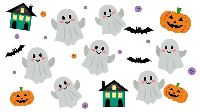Adorable Halloween Pattern with Cute Cartoon Ghosts, Pumpkins, Bats, and Haunted Houses