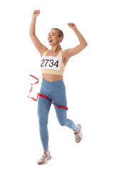 Young woman with ribbon winning marathon on white background