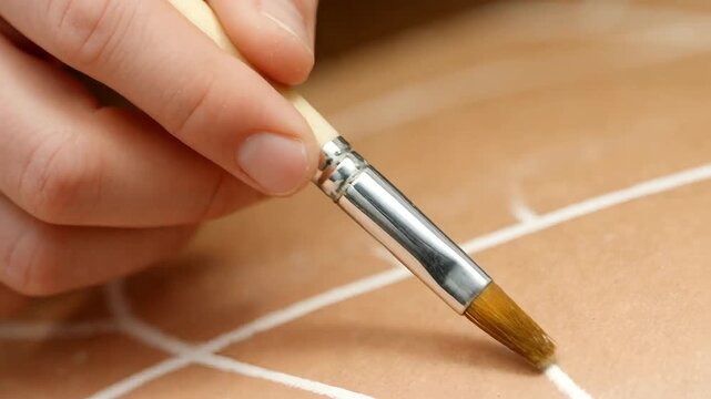 Close up of an artist's hand using a small brush to paint thin white lines and abstract shapes on a beige or brown paper