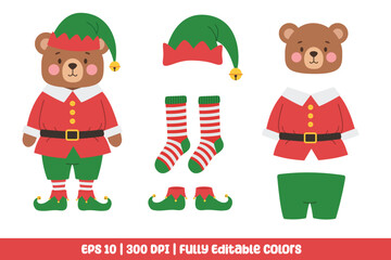 Cute bear with elf costume character builder set. Suitable for clip art, stickers, flat design illustration, etc