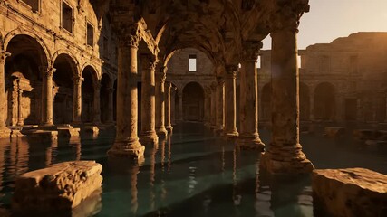 A cinematic journey through a majestic flooded ancient ruin with towering stone columns and warm sunlight