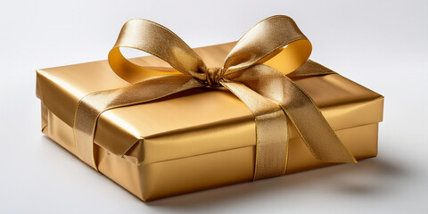 A luxurious gold gift box wrapped with a metallic ribbon, ideal for holidays, birthdays, or special celebrations