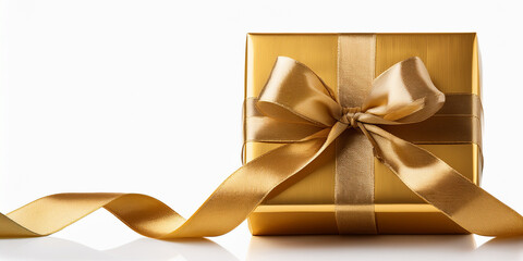 Golden Gift Box With Ribbon: Elegant Present For Celebration, Holiday, Or Surprise