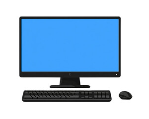 Fototapeta premium Computer Setup with Blue Screen Keyboard and Mouse on Transparent Background for Digital Mockups and Technology Illustrations, PNG