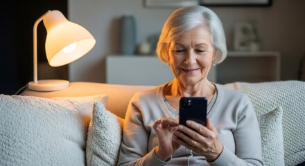 Elderly woman using smartphone at home for communication and health management. Senior using mobile technology for home care and wellness.