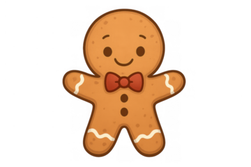 Gingerbread man character standing with red bow tie, smiling cookie cartoon symbol, enjoying holiday season celebration