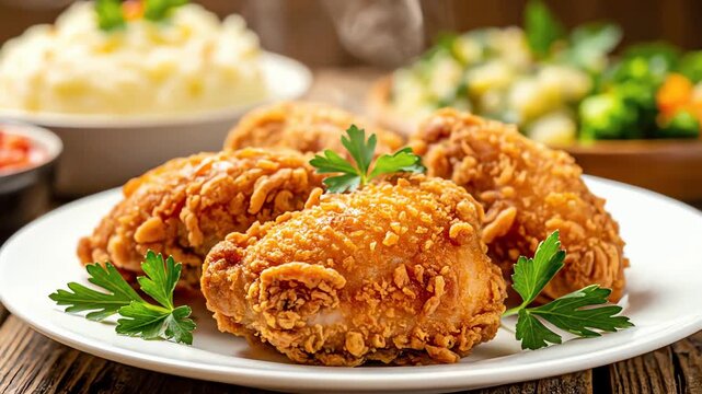 Delicious golden brown fried chicken pieces with mashed potatoes and steamed vegetables on a rustic wooden table