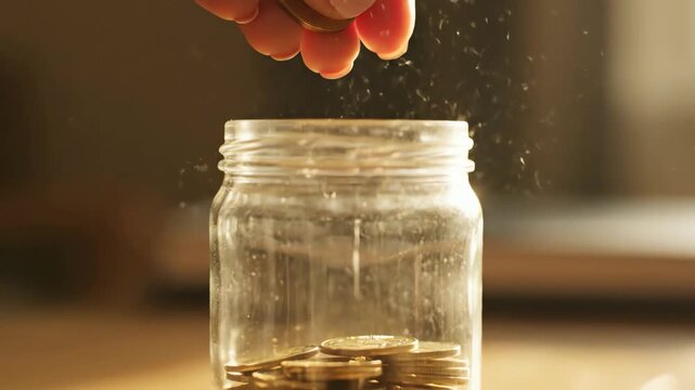 Close up of a woman's hand dropping gold coins into a glass jar for savings and investment