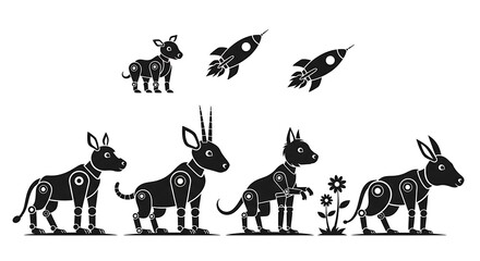 Set of Black Silhouette Animal Robots and Rockets.