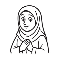 Line art illustration of a smiling woman in hijab with clasped hands