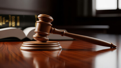 Gavel on a wooden desk with law books, symbolizing justice.