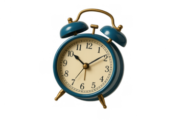 Vintage blue analog alarm clock with bells and classic hands showing time in a retro style