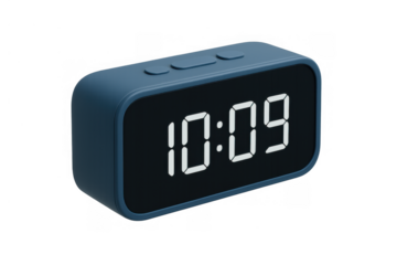 Modern blue digital alarm clock displaying 10:09, representing concepts of timing, scheduling, waking up, and everyday mornings