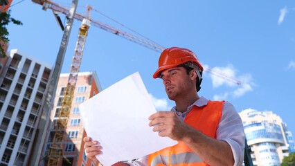 Caucasian male engineer looking at the drawings in his hands with buildings on the background....
