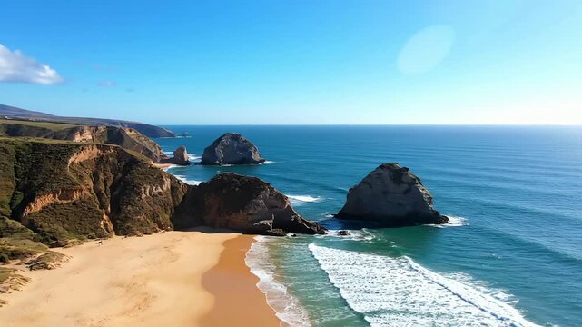 Spectacular aerial view of a pristine sandy beach with dramatic cliffs and majestic sea stacks on a sunny day