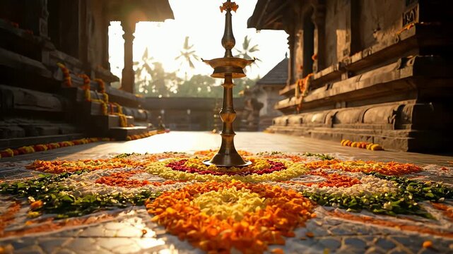 Traditional Indian flower rangoli decoration with oil lamp in temple courtyard during golden hour