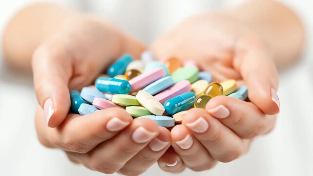 A close up of a woman's cupped hands holding a handful of colorful pills, tablets, and capsules against a bright background.