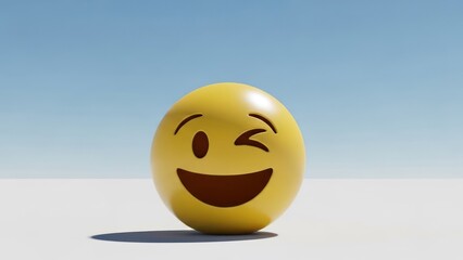 Animated winking emoji on white surface against a bright, blurred sky