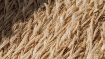 Fototapeta premium Close-up of a textured beige rug with a shaggy pile, showing individual fibers and varying shades of brown and tan.