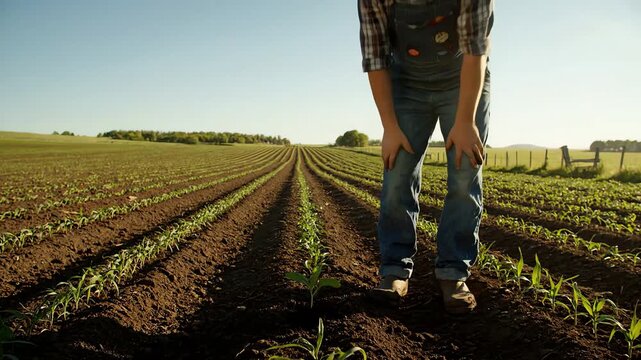 A hardworking farmer in a straw hat plants a small seedling in a vast agricultural field