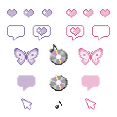 【Y2K・平成レトロ】ドット絵のガーリーなアイコン素材セット - ハート・蝶・CD・吹き出し（パステルカラー）