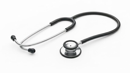 Black stethoscope with silvery earpieces and chest piece on white backdrop