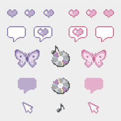 【Y2K・平成レトロ】ドット絵のガーリーなアイコン素材セット - ハート・蝶・CD・吹き出し（パステルカラー）