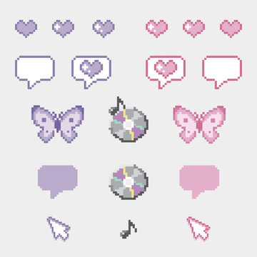 【Y2K・平成レトロ】ドット絵のガーリーなアイコン素材セット - ハート・蝶・CD・吹き出し（パステルカラー）
