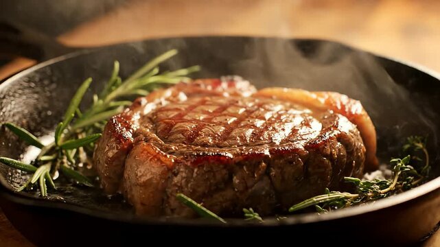 Juicy steak seared in cast iron skillet with rosemary and thyme steams in close up shot