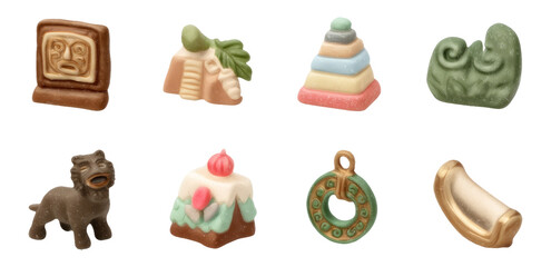 Soft Semi-Realistic Toy Figurines Representing Lost Civilization Theme on Transparent Background